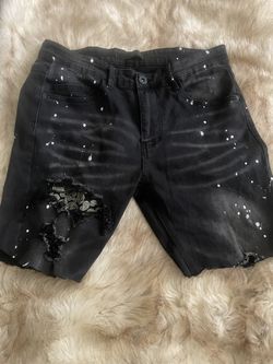 Black slim fit distressed denim jorts