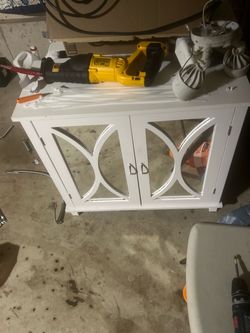 White Wood Cabinet with Glass Panel Doors