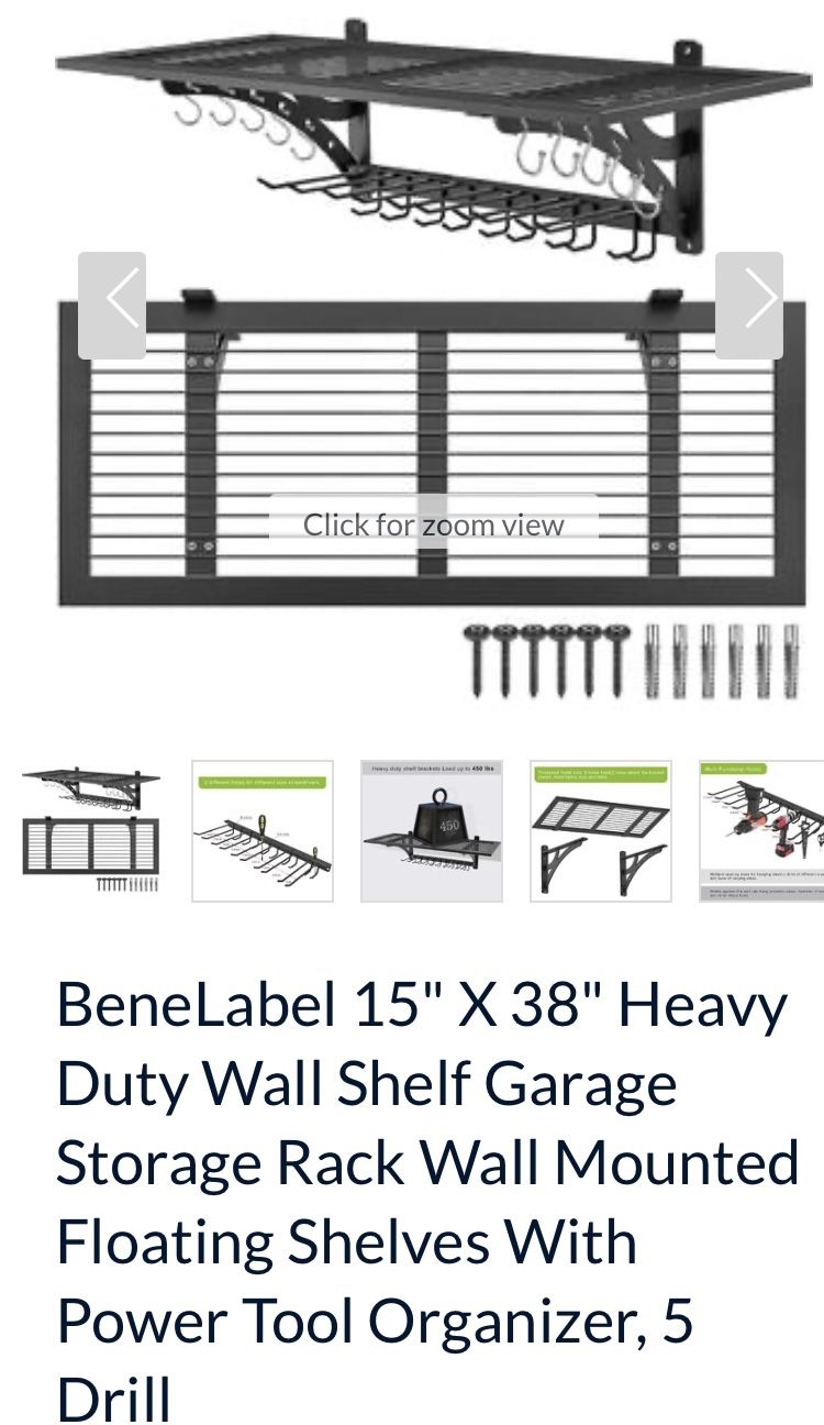 BeneLabel 15" X 38" Heavy Duty Wall Shelf Garage Storage Rack Wall Mounted Floating Shelves With Power Tool Organizer, 5 Drill