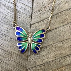 Vintage sterling silver enamel butterfly necklace pendant