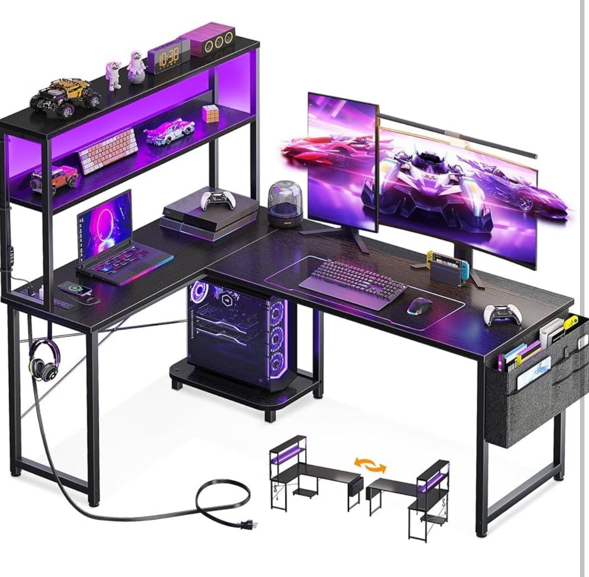 AODK L Shaped Desk Gaming Desk with LED Light & Power Outlet, 53 Inch Reversible L Shaped Computer Table with Shelf & Storage Bag & Hook for Home Offi