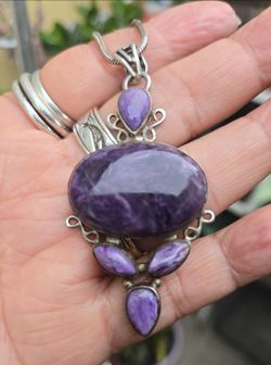 Vintage Charoite Statement pendant set in a ornate Sterling Silver mount / Chain Culver City area
