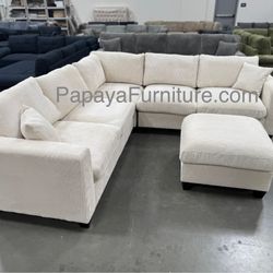 Ashley Ivory Sectional And Ottoman, Plush Sectional, Couch, Sofa, Corduroy Sectional Couch, Sectionals, Beige Sofa, Ivory Couch, Living Room Sofa