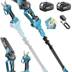 SEESII 4-in-1 Pole Saw & Pruning Shears Combo Kit, 6 Inch Mini Chainsaw for Tree Trimming, Battery Powered Chain Saw with Extension Pole, Limb Branch