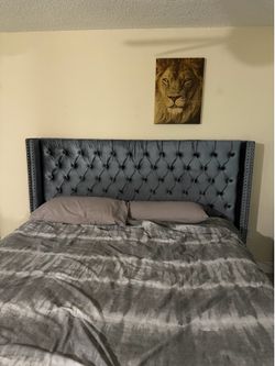 I am Moving! $300  |Elegant Gray Velvet Tufted Bed Frame with Wingback Headboard