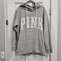 Victorias Secret PINK Oversized Tunic Hoodie Grey White Logo Pockets S