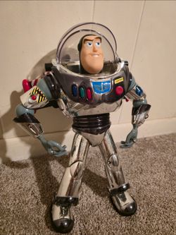 Vintage Intergalactic Buzz Lightyear Chrome Silver edition 12 inch Toy Story Talking Action Figure Thinkway Toys 1990s Disney