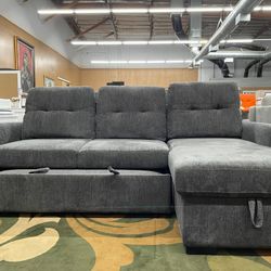 Reversible Gray Chenille Sectional with Pull Out Bed Ottoman
