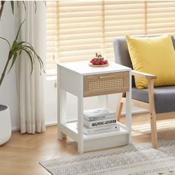 Nightstand, Set of 2, Boho Night Stand with Rattan Drawer  (White)