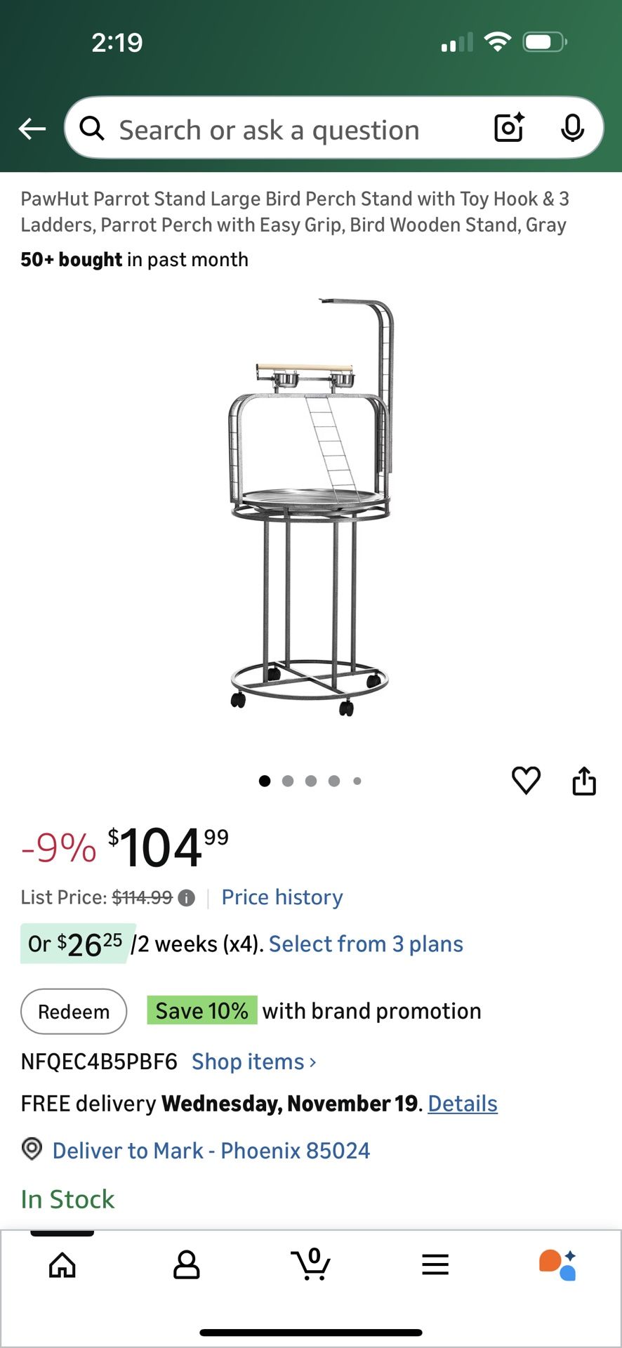 PawHut Parrot Stand Large Bird Perch Stand with Toy Hook & 3 Ladders, Parrot Perch with Easy Grip, Bird Wooden Stand, Gray