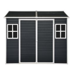 8x6ft Outdoor Resin Garden Shed with Floor and 2 Windows, Plastic Patio Outdoor Storage Shed with Lockable Door for Garden Tools, Bicycles, Trash Cans