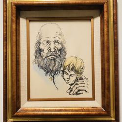 Vintage Hand Etched Engraving on Tile Old Man With Boy Signed & Framed 16”-14”.