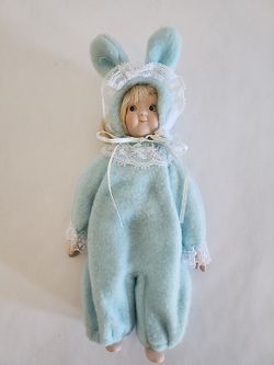 Porcelain 9 Inch Doll In Blue Bunny Outfit • Soft Body