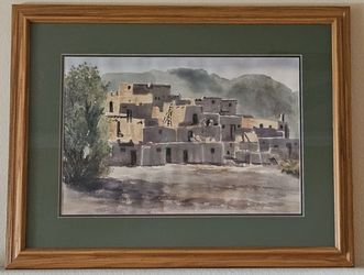 Framed Southwest Adobe Village Watercolor Painting 