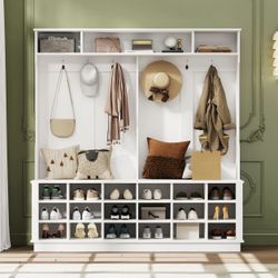 67" Large Hall Tree with Storage Bench and Shoe Rack White, Standing Entryway Bench with 6 Coat Rack, 18 Shoe Cubbies & Top Storage,4-in-1 Modern Hall