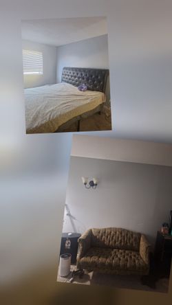 King size bedframe and small vintage couch