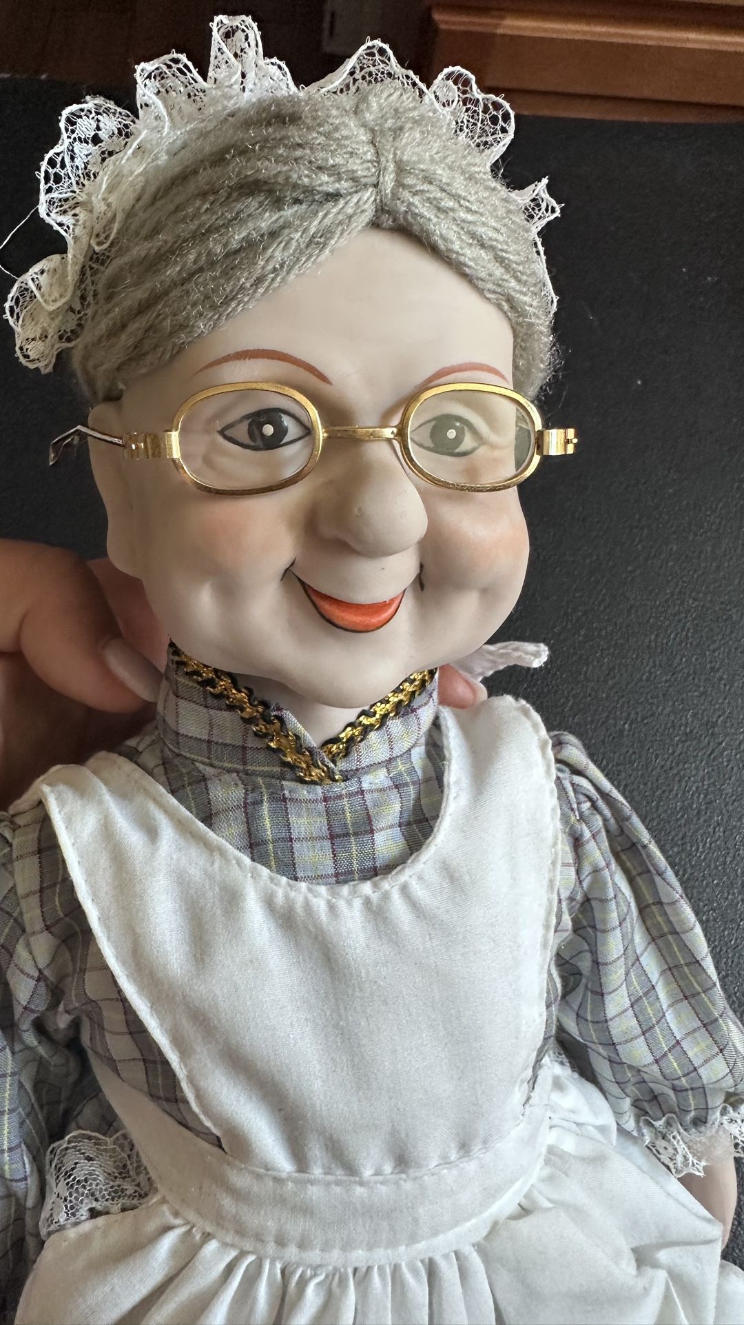 Antique Dynasty Doll with Plaid Dress and Apron