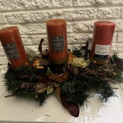 Fall season Table Centerpieces Decorations, 27.5 Inch 3 Round Candle Holder with Pine Sprigs Holly Leaves, Poinsettia Flowers for Dining Table, Mantel