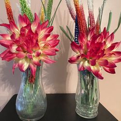 Set of 2 Dahlia Artificial Silk Flower Arrangements with Vase