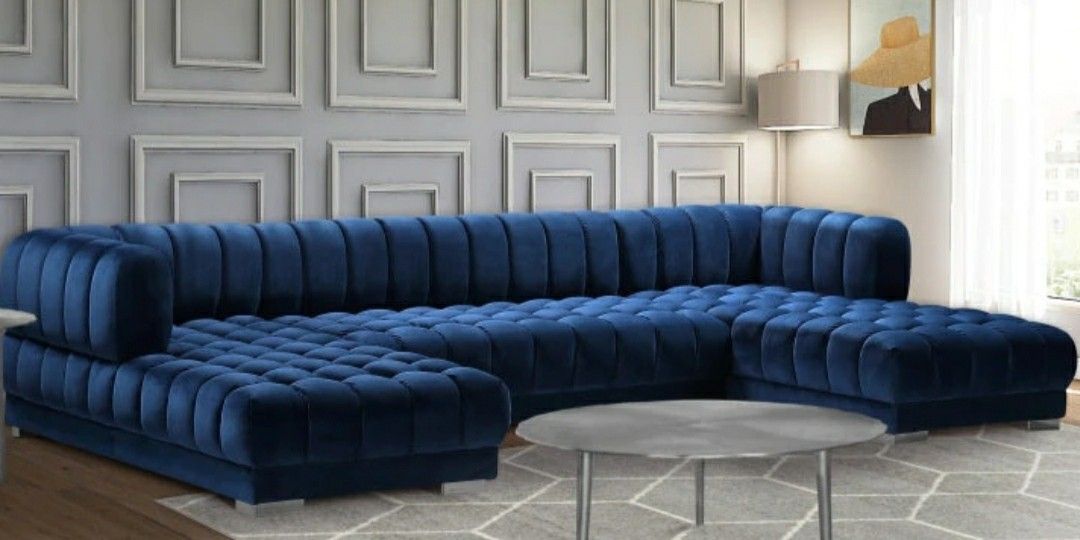 Gwen Velvet 3-Piece Double Chaise Navy Sectional