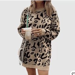 Leopard Print Long Sleeve Sweater Dress- Light Brown/ Black