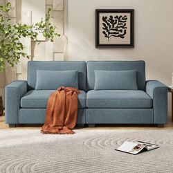 😀 Modern Polyester Upholstered 2-Seat Loveseat Sofa with Pillows, Solid Wood Frame, Blue, 87”Wx30”Dx31”H