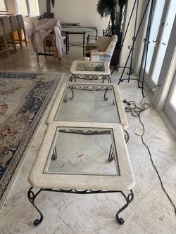 Stone and Wrought Iron Glass Coffee Table with 2 side tables