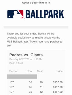 Padres vs Giants Tickets plus Parking pass