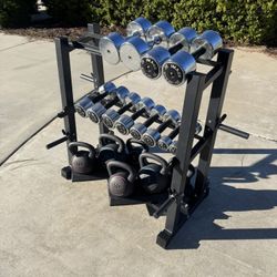 Dumbbells With 3 Tier Dumbbell Rack And Kettlebells