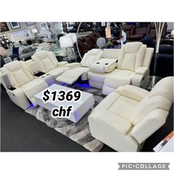 White Breathing Leather 3-Piece Living Room Recliner Sofa Set ( Sofa + Loveseat + Chair )