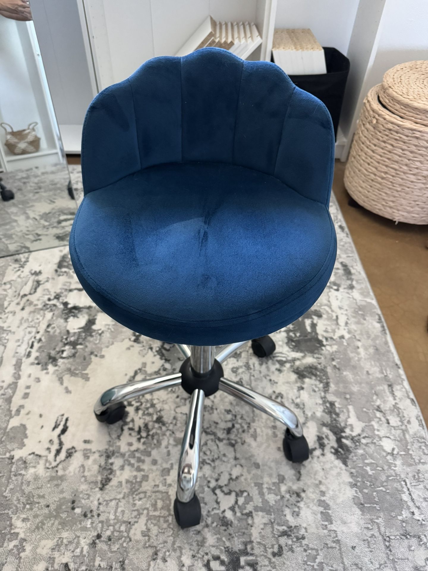 Blue Velvet Adjustable Height Rolling Stool. Perfect For Vanity Table