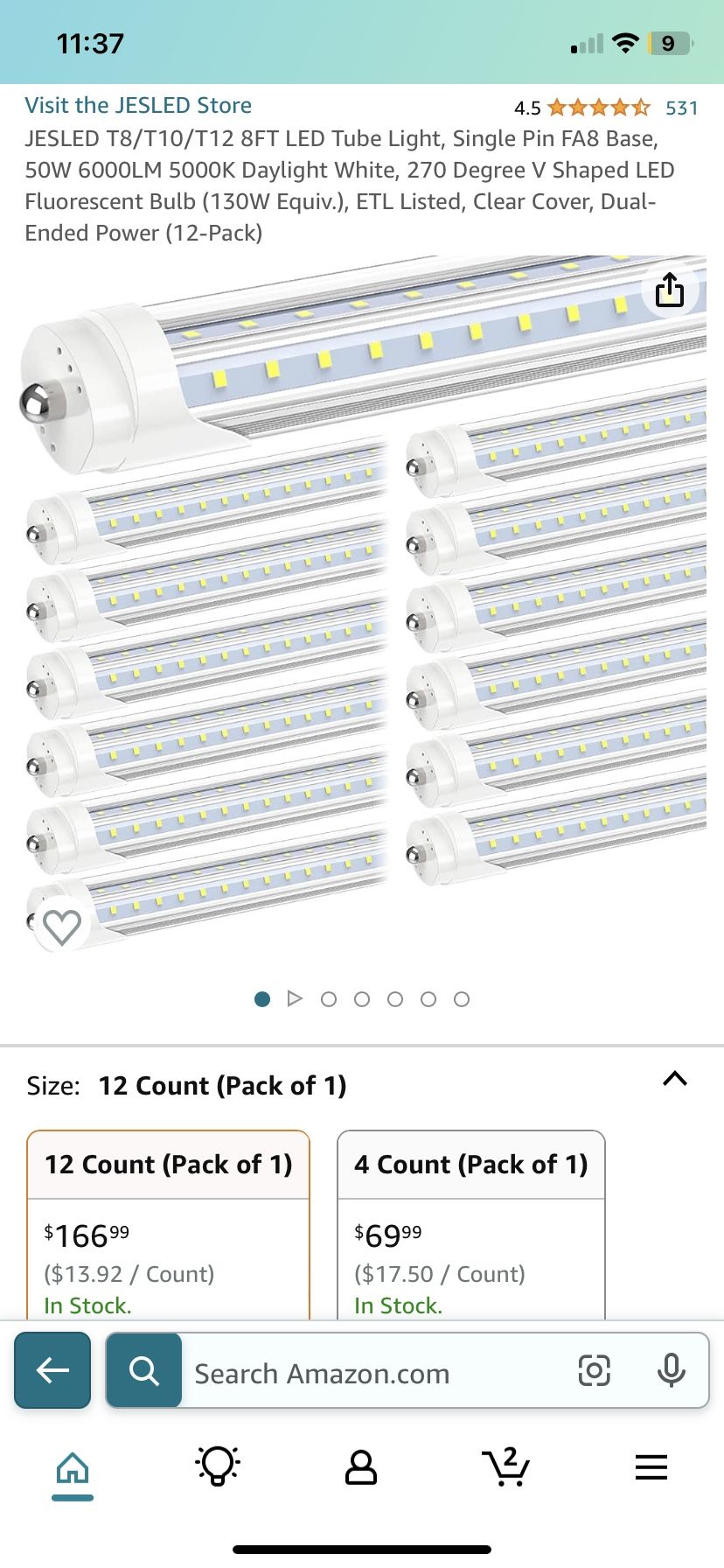 JESLED T8/T10/T12 8FT LED Tube Light, Single Pin FA8 Base, 50W 6000LM 5000K Daylight White, 270 Degree V Shaped LED Fluorescent Bulb (130W Equiv.), ET