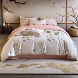 New Floral Cotton Duvet Cover Queen Flower Leaves Garden, Bedding Set 3 Pcs Comforter Cover 2 Pillowcases Zipper Closure Soft Breathable Comfy