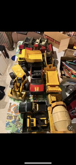 Vintage Toy Construction Vehicles Lot – Dump Trucks, Cement Mixer, Loader & More
