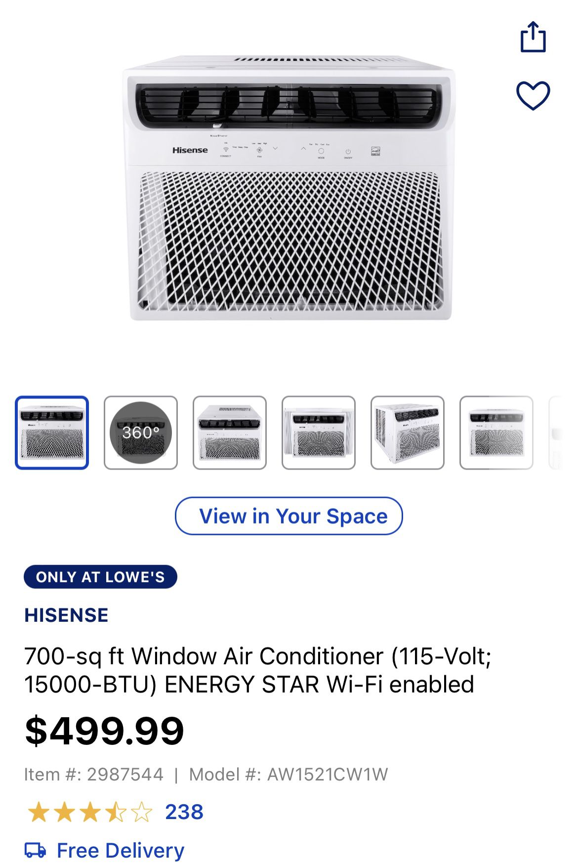 HISENSE 700-sq ft Window Air Conditioner (115-Volt; 15000-BTU) ENERGY STAR Wi-Fi enabled $499.99 Item #: (contact info removed) | Model #: AW1521CW1W