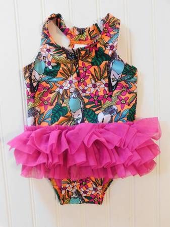 Cat & Jack Baby Girls Swim Suit Size 9M Parrot And Flower Bathing Suit
