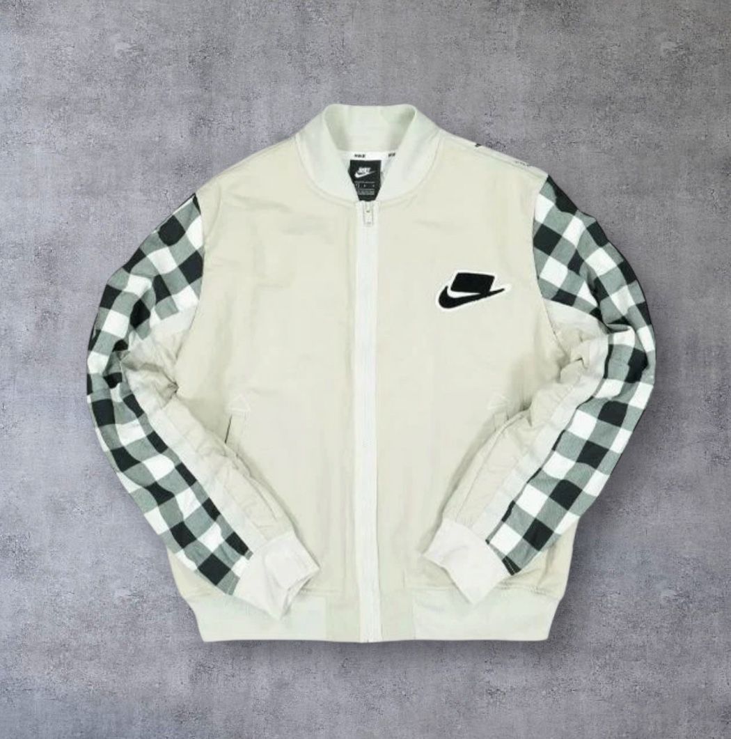 Nike Sportswear NSW Bomber Jacket Mens 2XL Off-White Monochrome Bomber Plaid Quilted Sleeves Full Zip