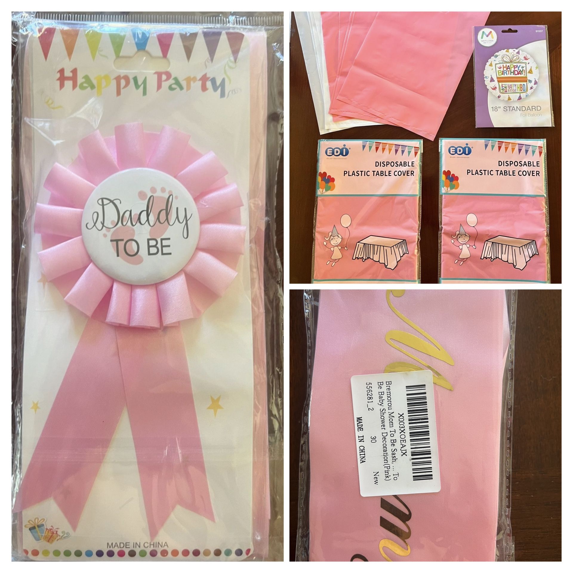 PARTY PACK!! Pink Disposable PACK!! MOMMY SASH Pink Disposable Plastic Table Covers Balloon And Party Bags!! Pretty Foil HAPPY BIRTHDAY balloon!!