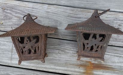 Pair of Cast Iron Hanging Pagoda Lanterns