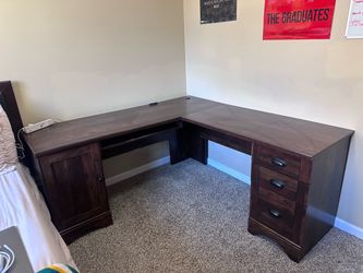 L-Shaped Corner Desk, Cherry, Drawers + Keyboard Tray