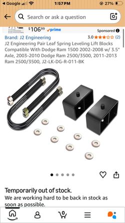 J2 Engineering Pair Leaf Spring Leveling Lift Blocks Compatible With Dodge Ram 1-2008 w/ 3.5" Axle, 2003-2010 Dodge Ram 2500/3500, 2011-2013 R