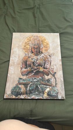 Buddha or Bodhisattva portrait, closely resembling decorative canvas prints such as the Heart Sutra series by artist Elinor Luna or similar textured g
