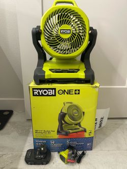 RYOBI ONE+ 18V Cordless 7-1/2 in. Bucket Top Misting Fan Kit with Compact Battery and Charger