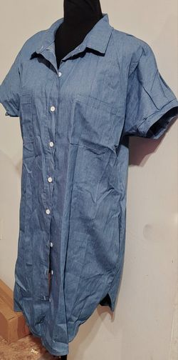 Women Large Button Down Denim Like Midi Dress Blue