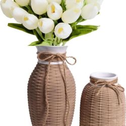 Brandnew Brown Vase, Rustic Farmhouse Rattan Ceramic Vases for Tulip Flowers and Pampas Grass, Aesthetic Home Decor for Mantel, Living Room, Ideal Gif