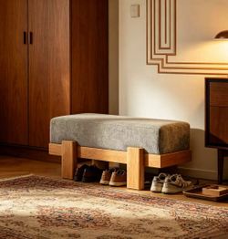 Wooden Upholstered Bench, Low Profile Entryway Bench with Thick Beige Linen Cushion, Solid Wood Legs, Multi-use Shoe Bench for Hallway, Bedroom End of