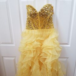 Yellow Strapless Sequined Ruffled Dress Size 6