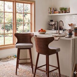 Set of 2 Mid-Century Modern Bar Stools – New in Box | 41" Bentwood Back, Beige Cushion