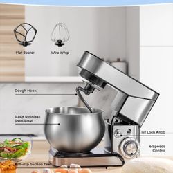 5.8 QT Stainless Steel Mixer with Dough Hook, Mixing Beater, Wire Whip, Dishwasher-safe, 6+P Speeds Tilt-Head Kitchen Dough Mixers for Cake, Electric 