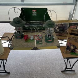 Camping Gear, Lanterns, Stove, & Table